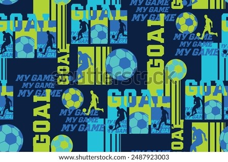 Football seamless pattern, running men silhouette, soccer ball. Soccer player print. Vector drawn by color lines. Line-art set. Football repeat print