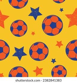 Football seamless pattern with soccer ball and grunge stars on yellow background. Orange and blue soccer balls repeat print.