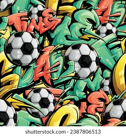 Football seamless pattern with soccer ball, street art style graffiti background text. Sport wall repeat print for boy textile, wrapping paper.