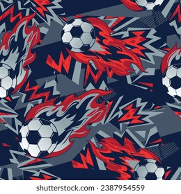 Football seamless pattern with soccer ball and fire track on grunge geometric background text. Sport wall repeat print for boy textile, wrapping paper. Textured geometric graffiti wallpaper