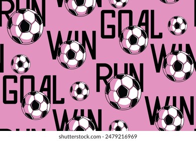 Football seamless pattern soccer ball and text Win, Goal, Run on pink background. Vector sport wrapping paper. Soccer ball repeat print. Lettering wallpaper background illustration design