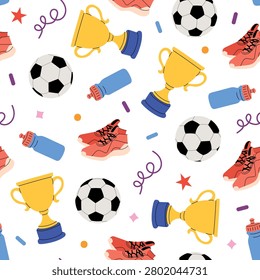 Football seamless pattern with soccer balls, trophies, sports shoes and water bottles. Fun sporty background for kids fabric, wallpaper, wrapping paper, school accessories and active lifestyle designs