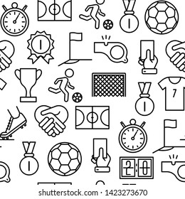 Football seamless pattern with thin line icons: player, whistle, soccer, goal, strategy, stopwatch, football boots, score. Vector illustration for banner, print media, web page.