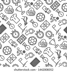 Football seamless pattern with thin line icons: player, whistle, soccer, goal, strategy, stopwatch, football boots, score. Vector illustration for banner, print media, web page.