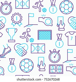 Football seamless pattern with thin line icons: player, whistle, soccer, goal, strategy, stopwatch, football boots, score. Vector illustration for banner, print media, web page.