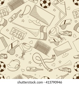 Football seamless retro line art design vector illustration. Separate objects. Hand drawn doodle design elements.