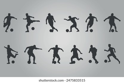 Football. Set of black silhouettes of football players. Playing a game of soccer. Vector on gray background