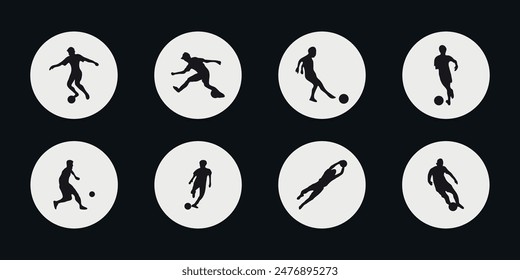 Fútbol. Conjunto de siluetas negras de jugadores de fútbol. Jugar un partido de fútbol. Vector sobre fondo negro