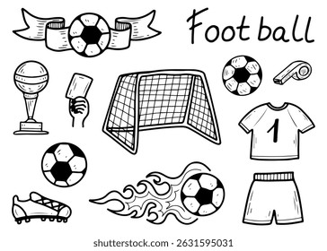 Football set. Hand drawn doodle illustration. Ball game equipment. Soccer championship, match. Gate, uniform, stopwatch, referee whistle, warning card, win. Vector line art collection of elements.