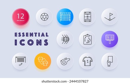 Football set icon. Ball, T shirt. form, field, card, punishment, whistle, scoreboard, plan, player substitution, goal, net, corner, football goal. Culinary dishes concept. Neomorphism style.