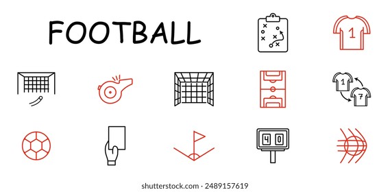 Football set icon. Goal, whistle, playbook, jersey, ball, yellow card, corner flag, scoreboard, strategy, team, match, sport.