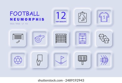 Football set icon. Jersey, whistle, ball, corner flag, field, strategy board, scoreboard, goal, red card, yellow card, substitution, referee, player, soccer, sport, game, competition, team.