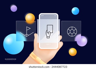 Football set line icon. Game plan, red and yellow cards, corner, field, T-shirt, whistle, score, victory, net, goal, ball. Glassmorphism style. Vector line icon for business and advertising