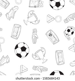 Football set seamless pattern. Vector illustration of a soccer ball, boots, soccer gloves and gate seamless pattern. Background soccer set, ball, goalkeeper gloves, goal.