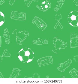 Football set seamless pattern. Vector illustration of a soccer ball, boots, soccer gloves and gate seamless pattern. 