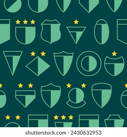 Football shield crests light green logo with yellow stars on dark green background vector square seamless pattern. Soccer coat of arms texture.