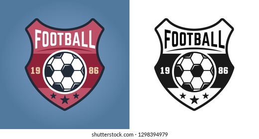 Football shield vector two styles emblem, badge, label or logo isolated on colored and white background