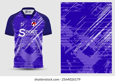 The football shirt is based on a deep purple color with a unique pattern that uses different lines and shades to create depth and movement, adding interest to the design.