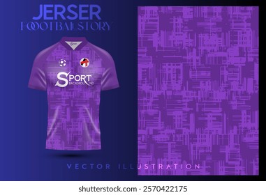 The football shirt is a bright purple with striking graphics. The collared shirt is an eye-catching purple. The graphics used seem to be abstract and repetitive, giving it a modern feel.