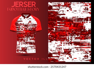 Football shirt The shirt is bright red and white, making it look modern and suitable for sports. The pattern on the shirt is abstract, with intricate patterns, creating a sense of power and movement.