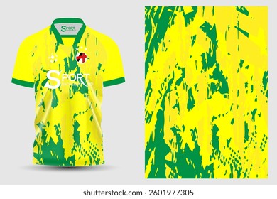 A football shirt with a bright yellow tone, with a lively and interesting green pattern. The contrasting proportions of yellow and green add style to the shirt.