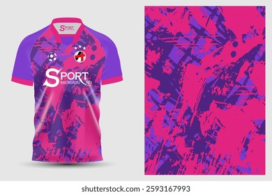 A football shirt with a brightly colored design, mainly using purple and pink tones, with a unique pattern and graphics that create movement and interest.