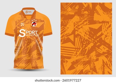 A football shirt in a deep orange tone, featuring an intricate pattern consisting of lines and shapes that create movement and identity.