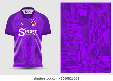 The football shirt design is mainly in purple. The shirt has a modern and diverse geometric pattern. The pattern is adorned with the football symbol and the brand logo on the front.