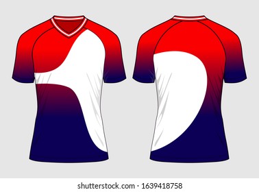 Football Shirt Design Vector Red/Navy/White Colors With Gradient Sublimation Printed.Front And Back Views.