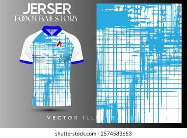 The football shirt is designed in blue and white tones. The shirt is mainly white with a striking dark blue pattern that looks graphic.