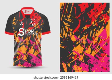 The football shirt is designed with bright colors. The base color is black and the graphic pattern consists of orange, pink and yellow, which makes the shirt look modern and lively.