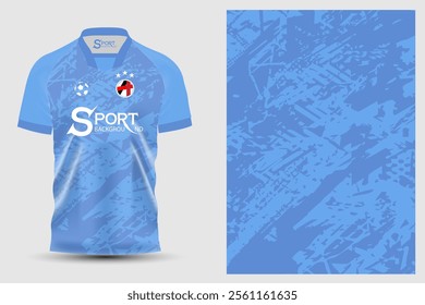 The football shirt is designed in light blue tones, with a modern graphic pattern on a blue background, making the shirt look unique and suitable for sports.