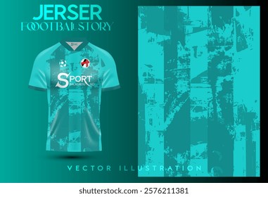 The football shirt has a distinctive look, especially the use of bright blue-green, which makes it look interesting. The shirt has a modern design with graphic patterns that give it an artistic feel.