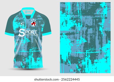 The football shirt has a distinctive and modern design. The shirt has a main color of cyan, contrasting with grey and black. There is a group of graphic patterns that create interest.