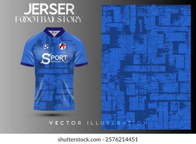 The football shirt has an interesting design in shades of blue. It has a simple collar and modern sleeves. The pattern on the shirt is abstract, creating a striking and dimensional look.