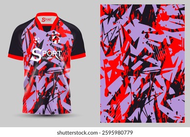 The football shirt has a light purple background with red and black abstract patterns. The sleeves and trim are black and red.
