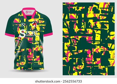 The football shirt has a patterned and brightly colored design. The main color is dark green, along with interesting and striking yellow and pink patterns, making the shirt look lively.