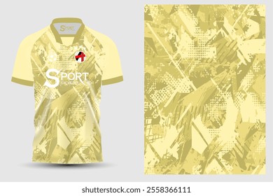 The football shirt has a striking design using a primary yellow color tone. It has artistic patterns and intricate shapes and dots, creating a sense of movement and dynamics of the sport.