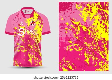 The football shirt has a striking design. The main color is bright pink, contrasting with the pattern using yellow and black in the design, which creates interest and vibrancy.