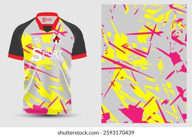 The football shirt has a striking design using a gray base color and an interesting combination of graphic patterns in bright yellow and pink.