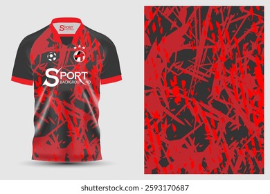 The football shirt has a striking design with a black main color and a graphic pattern consisting of bright red, which makes the shirt look lively and interesting. The collar is open.