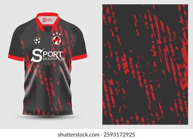 The football shirt has a striking design, with a main black base and red accents to create depth and interest. The pattern on the shirt is scratch-like or brush-like.