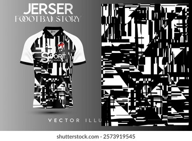 The football shirt is mainly in black and white tones, giving it a simple yet stylish look. The graphic pattern of stripes and geometric shapes gives the shirt a modern and unique look.