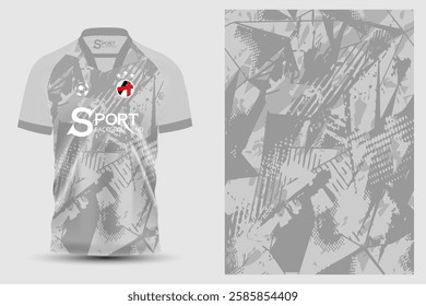 The football shirt is mainly grey, with a striking design featuring abstract graphic patterns that give the shirt depth and interest.