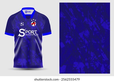 A football shirt with a striking design, with a dark blue base color and decorated with a pattern that looks like spray paint or interlaced, making the shirt look dimensional and interesting.