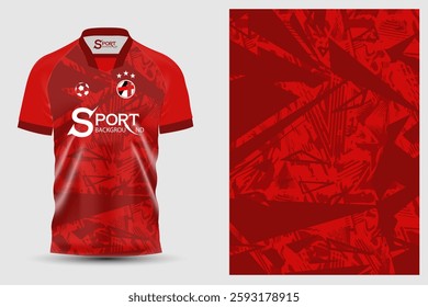 A football shirt with a striking design using red as the main color. The graphic pattern on the shirt is intricate and plays with lines and shapes that create movement.