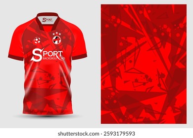 A football shirt with a striking design using the main color red, which helps create a sense of power. The graphic pattern on the shirt uses different lines and shapes.
