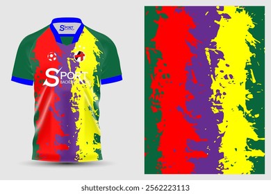 The football shirts feature an interesting multi-colored design, such as red, green, yellow and purple. The patterns on the shirts are abstract, with changes in pattern and color giving a dynamic feel