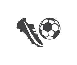 Football Shoes And Soccer Ball. Football Icon. Soccer Ball Boots. Kick Ball. Sports Inventory Logo Design. Football Boots Hovering In The Air,  Hitting The Ball Vector Design And Illustration.
