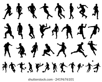 Football silhouettes. Set of silhouettes of soccer players in game motions. Vector illustration.
